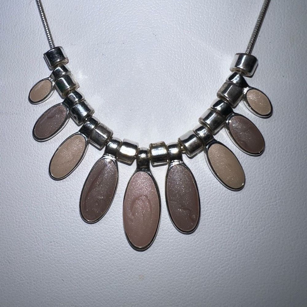 Silver Tone Pink Shimmer Oval Dangle Statement Necklace